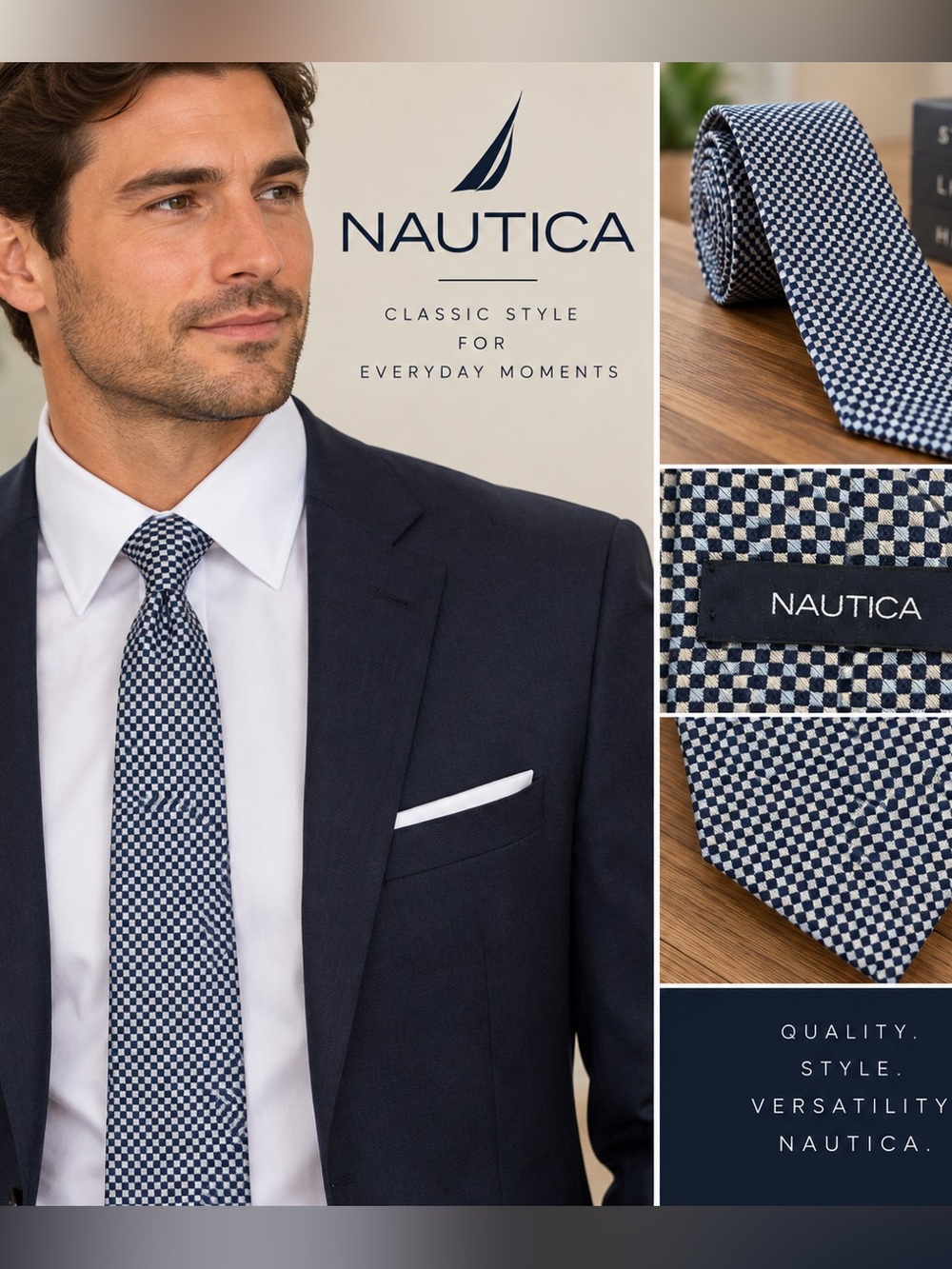 Nautica Men’s Navy Blue White Micro Check Geometric Necktie, NWT
